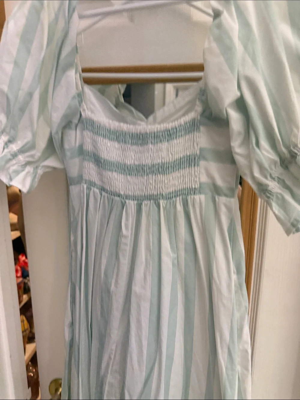 Abercrombie and Fitch Striped Puff Sleeve midi/maxi Dress in Mint & White